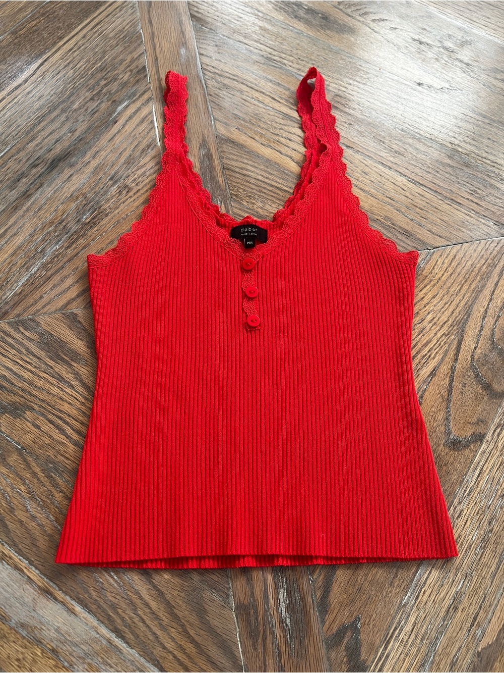 Adevon Red Ribbed Lace-Trim Knit Tank